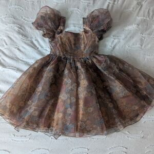 Listicle Vintage-Inspired Puff Sleeve Mini Dress - Brown and Blue